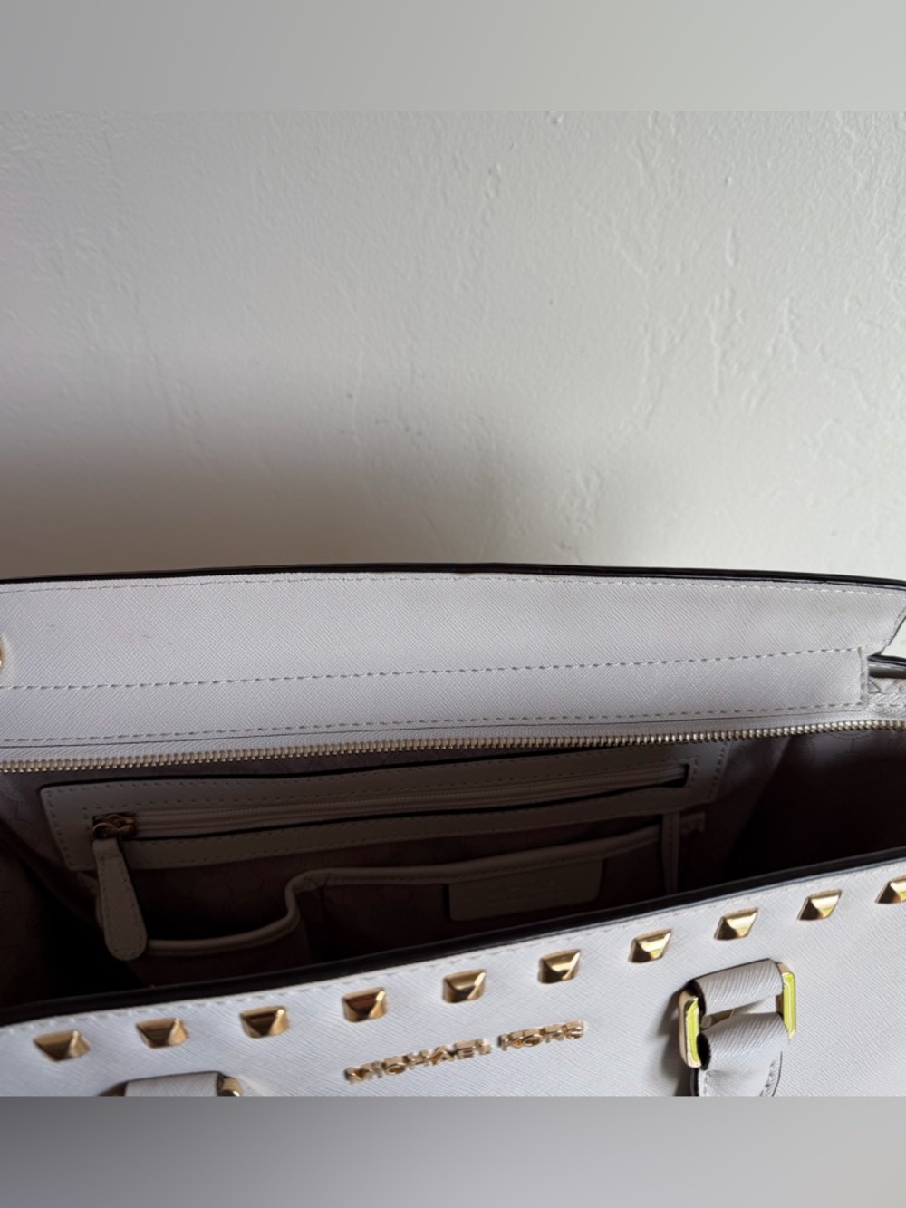Michael Kors White/Cream Gold Selma Studded Saffiano Leather  XL Satchel - Picture 10 of 16